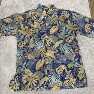 Tori Richard Shirt Mens Medium Blue Tropical Hawaiian Leaf Button Front Made USA